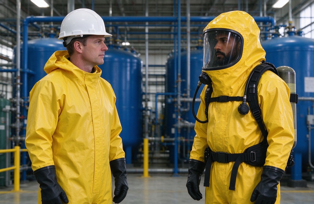 Close up detail of heavy duty protective semi encapsulated chemical suit, Comparison of semi encapsulated and fully encapsulated chemical suits side by side,, demonstrating professional application use in industrial safety environment, designed for wholesale bulk supply and industrial safety procurement. Close up detail of heavy duty protective semi encapsulated chemical suit, Comparison of semi encapsulated and fully encapsulated chemical suits side by side,, demonstrating professional application use in industrial safety environment, designed for wholesale bulk supply and industrial safety procurement.