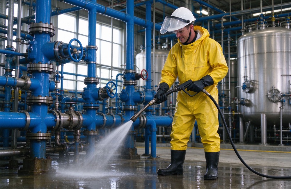 45 degree angle of heavy duty protective semi encapsulated chemical suit, Worker in flexible chemical protection coverall rinsing equipment with water gun, medium, demonstrating professional application use in industrial safety environment, designed for wholesale bulk supply and industrial safety procurement. 45 degree angle of heavy duty protective semi encapsulated chemical suit, Worker in flexible chemical protection coverall rinsing equipment with water gun, medium, demonstrating professional application use in industrial safety environment, designed for wholesale bulk supply and industrial safety procurement.