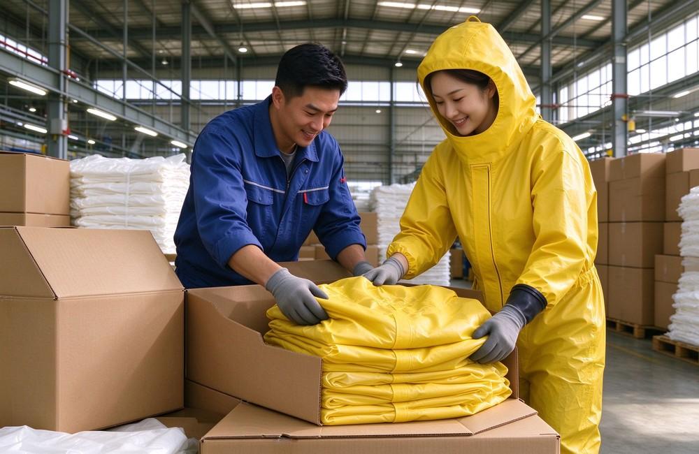 Macro detail of heavy duty protective semi encapsulated chemical suit, Workers packing semi encapsulated chemical suits into cartons for export, bulk medium, demonstrating professional application use in industrial safety environment, designed for wholesale bulk supply and industrial safety procurement. Macro detail of heavy duty protective semi encapsulated chemical suit, Workers packing semi encapsulated chemical suits into cartons for export, bulk medium, demonstrating professional application use in industrial safety environment, designed for wholesale bulk supply and industrial safety procurement.