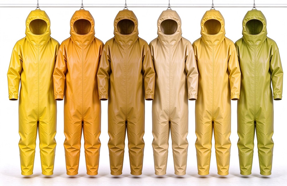 Front view of heavy duty protective semi encapsulated chemical suit, Six color lineup of semi encapsulated chemical suits hanging on rack, wholesale, demonstrating professional application use in industrial safety environment, designed for wholesale bulk supply and industrial safety procurement. Front view of heavy duty protective semi encapsulated chemical suit, Six color lineup of semi encapsulated chemical suits hanging on rack, wholesale, demonstrating professional application use in industrial safety environment, designed for wholesale bulk supply and industrial safety procurement.