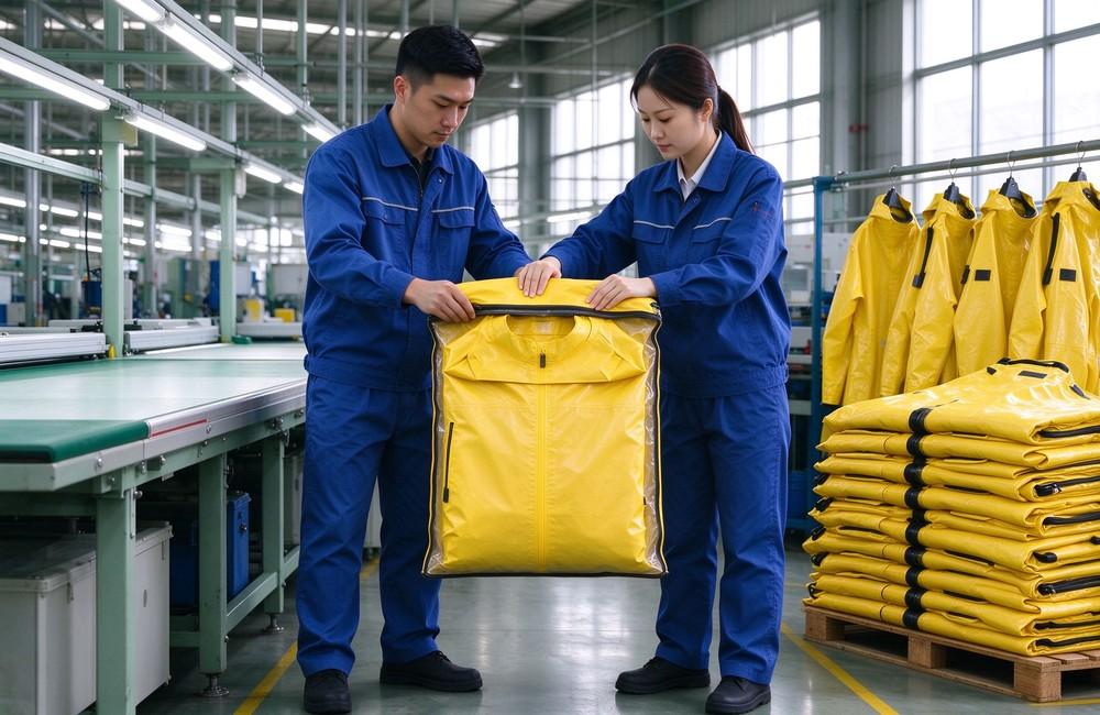 45 degree angle of heavy duty protective semi encapsulated chemical suit, Worker checking mobility in flexible chemical protection coverall, articulated knee and shoulder, demonstrating professional application use in industrial safety environment, designed for wholesale bulk supply and industrial safety procurement. 45 degree angle of heavy duty protective semi encapsulated chemical suit, Worker checking mobility in flexible chemical protection coverall, articulated knee and shoulder, demonstrating professional application use in industrial safety environment, designed for wholesale bulk supply and industrial safety procurement.