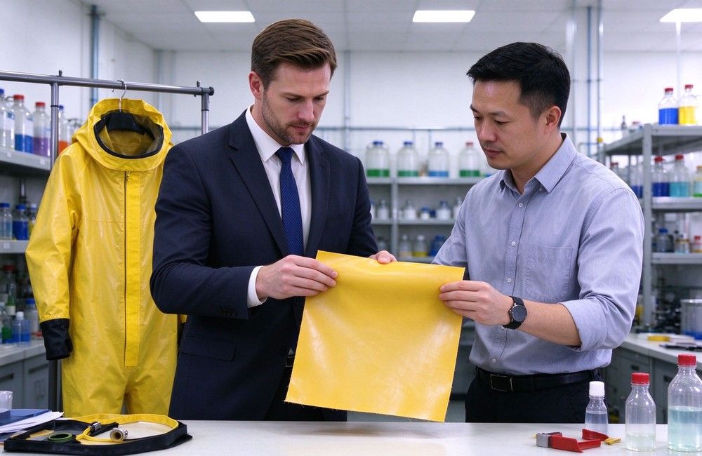 Wide shot of heavy duty protective semi encapsulated chemical suit, Office worker checking quality inspection documents for semi encapsulated chemical suit batch,, demonstrating professional application use in industrial safety environment, designed for wholesale bulk supply and industrial safety procurement. Wide shot of heavy duty protective semi encapsulated chemical suit, Office worker checking quality inspection documents for semi encapsulated chemical suit batch,, demonstrating professional application use in industrial safety environment, designed for wholesale bulk supply and industrial safety procurement.