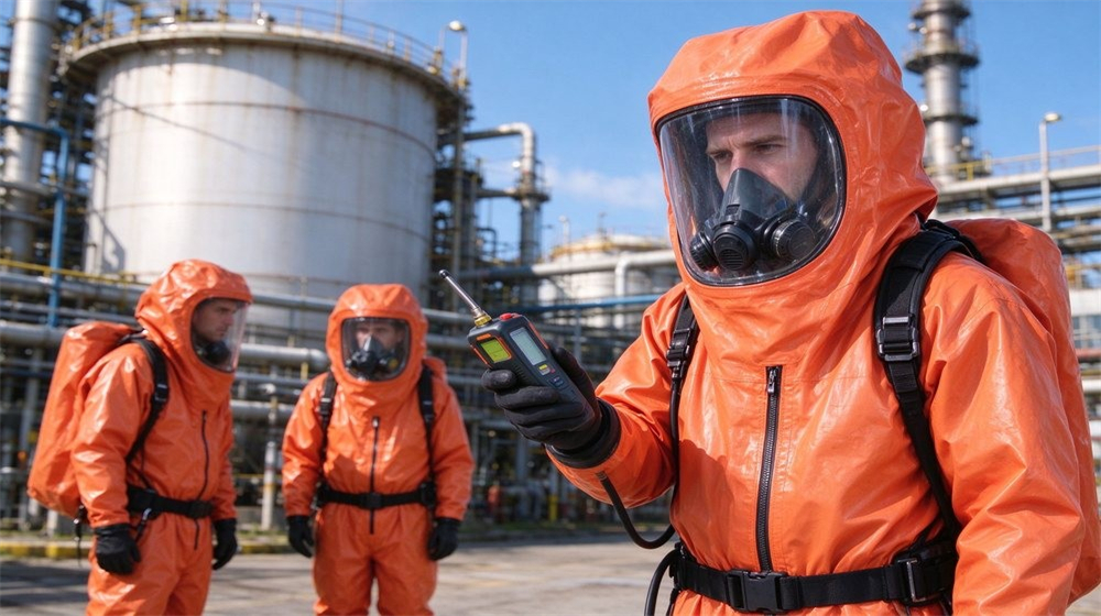 Side angle of heavy duty protective class a gas tight hazmat suit, Response worker in a gas tight Level A hazmat suit near chemical, demonstrating professional application use in industrial safety environment, designed for wholesale bulk supply and industrial safety Side angle of heavy duty protective class a gas tight hazmat suit, Response worker in a gas tight Level A hazmat suit near chemical, demonstrating professional application use in industrial safety environment, designed for wholesale bulk supply and industrial safety