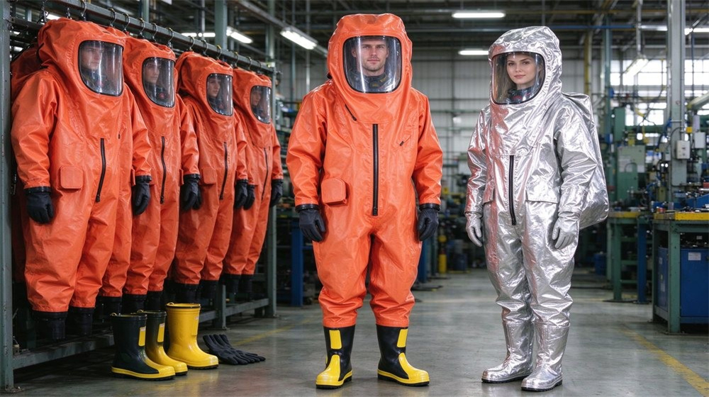 Overhead view of heavy duty protective class a gas tight hazmat suit, Gas tight Level A hazmat suits displayed in a factory showroom, fully, demonstrating professional application use in industrial safety environment, designed for wholesale bulk supply and industrial safety Overhead view of heavy duty protective class a gas tight hazmat suit, Gas tight Level A hazmat suits displayed in a factory showroom, fully, demonstrating professional application use in industrial safety environment, designed for wholesale bulk supply and industrial safety