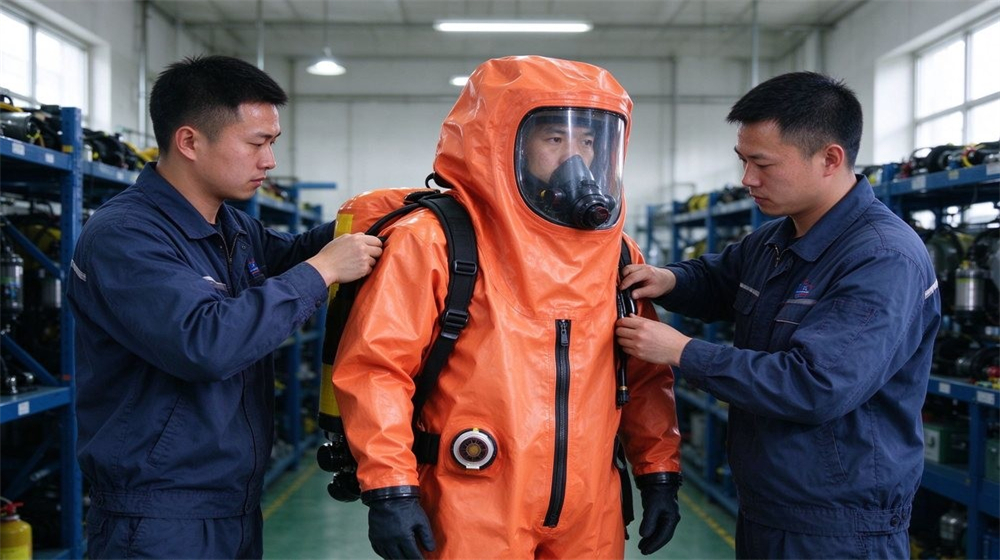 45 degree angle of heavy duty protective class a gas tight hazmat suit, Donning procedure for a Level A hazmat suit with SCBA, two responders, demonstrating professional application use in industrial safety environment, designed for wholesale bulk supply and industrial 45 degree angle of heavy duty protective class a gas tight hazmat suit, Donning procedure for a Level A hazmat suit with SCBA, two responders, demonstrating professional application use in industrial safety environment, designed for wholesale bulk supply and industrial