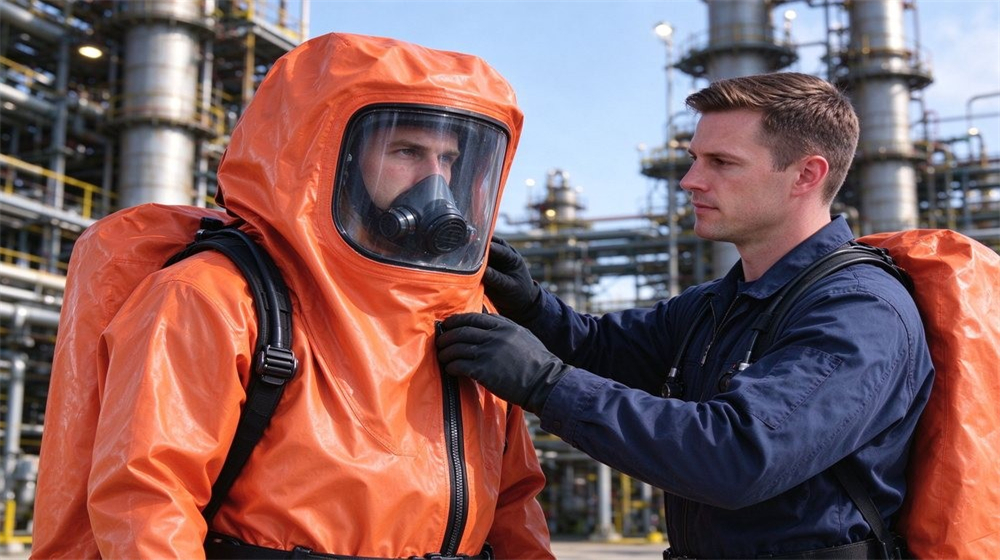 Overhead view of heavy duty protective class a gas tight hazmat suit, Buddy check before entry in gas tight Level A hazmat suits, sealed, demonstrating professional application use in industrial safety environment, designed for wholesale bulk supply and industrial safety Overhead view of heavy duty protective class a gas tight hazmat suit, Buddy check before entry in gas tight Level A hazmat suits, sealed, demonstrating professional application use in industrial safety environment, designed for wholesale bulk supply and industrial safety