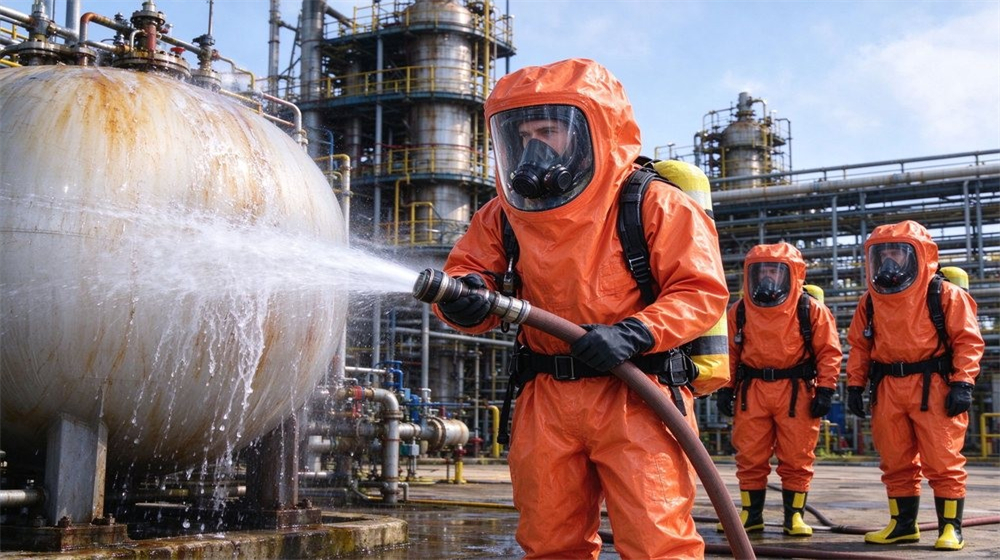 Wide shot of heavy duty protective class a gas tight hazmat suit, Response team in Level A hazmat suits cooling a chemical storage tank, demonstrating professional application use in industrial safety environment, designed for wholesale bulk supply and industrial safety Wide shot of heavy duty protective class a gas tight hazmat suit, Response team in Level A hazmat suits cooling a chemical storage tank, demonstrating professional application use in industrial safety environment, designed for wholesale bulk supply and industrial safety