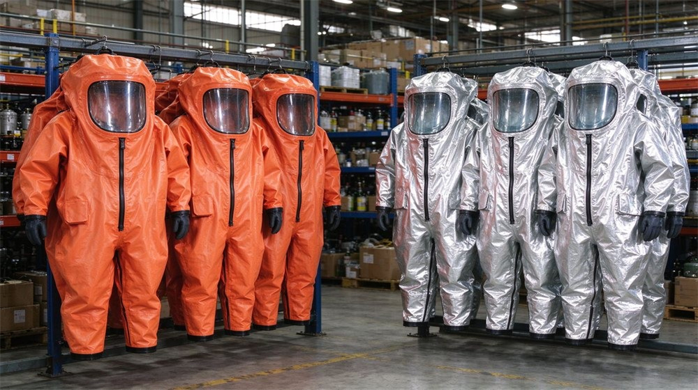 Close up detail of heavy duty protective class a gas tight hazmat suit, Color coded storage of gas tight Level A hazmat suits, orange and, demonstrating professional application use in industrial safety environment, designed for wholesale bulk supply and industrial Close up detail of heavy duty protective class a gas tight hazmat suit, Color coded storage of gas tight Level A hazmat suits, orange and, demonstrating professional application use in industrial safety environment, designed for wholesale bulk supply and industrial