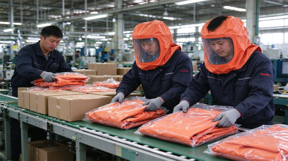 Front view of heavy duty protective class a gas tight hazmat suit, Packing line sealing gas tight Level A hazmat suit cartons, export quality, demonstrating professional application use in industrial safety environment, designed for wholesale bulk supply and industrial safety Front view of heavy duty protective class a gas tight hazmat suit, Packing line sealing gas tight Level A hazmat suit cartons, export quality, demonstrating professional application use in industrial safety environment, designed for wholesale bulk supply and industrial safety