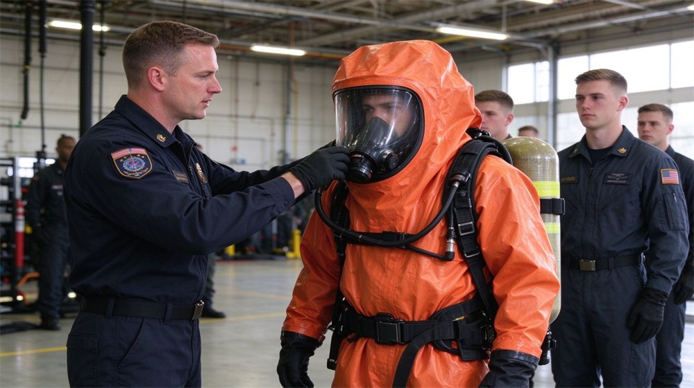 Side angle of heavy duty protective class a gas tight hazmat suit, Response team training in gas tight Level A hazmat suits during a, demonstrating professional application use in industrial safety environment, designed for wholesale bulk supply and industrial safety Side angle of heavy duty protective class a gas tight hazmat suit, Response team training in gas tight Level A hazmat suits during a, demonstrating professional application use in industrial safety environment, designed for wholesale bulk supply and industrial safety