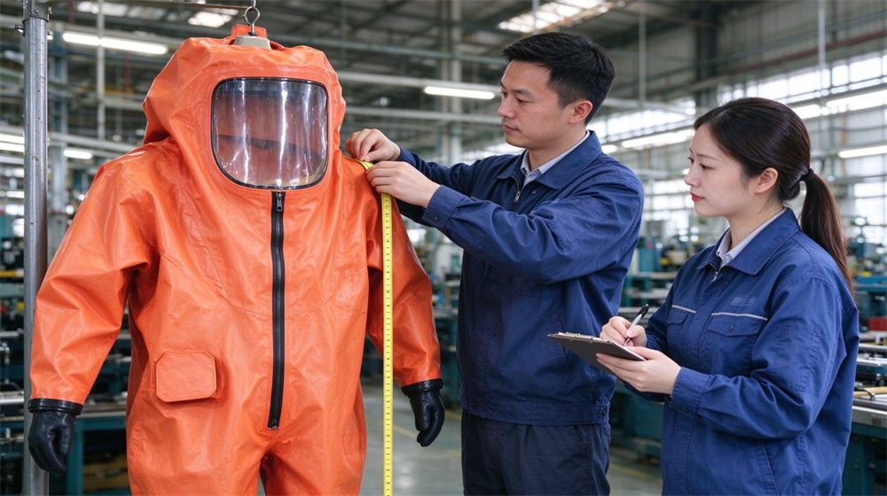 Close up detail of heavy duty protective class a gas tight hazmat suit, Size measurement of a gas tight Level A hazmat suit at the, demonstrating professional info use in industrial safety environment, designed for wholesale bulk supply and industrial Close up detail of heavy duty protective class a gas tight hazmat suit, Size measurement of a gas tight Level A hazmat suit at the, demonstrating professional info use in industrial safety environment, designed for wholesale bulk supply and industrial