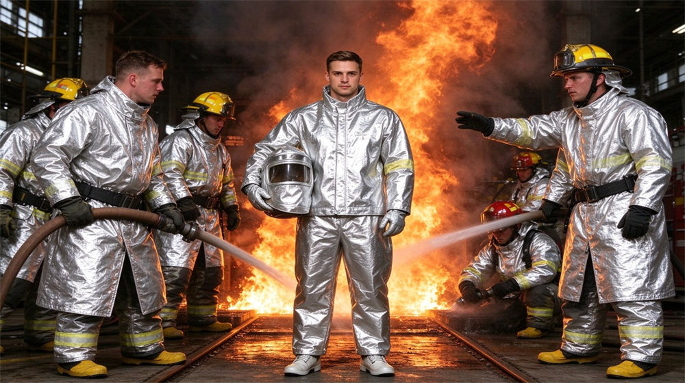 Aerial perspective of heavy duty protective proximity fire protection coat, Fire team training drill wearing aluminum foil proximity coats, mobility and quick, demonstrating professional application use in industrial safety environment, designed for wholesale bulk supply and industrial safety procurement. Aerial perspective of heavy duty protective proximity fire protection coat, Fire team training drill wearing aluminum foil proximity coats, mobility and quick, demonstrating professional application use in industrial safety environment, designed for wholesale bulk supply and industrial safety procurement.