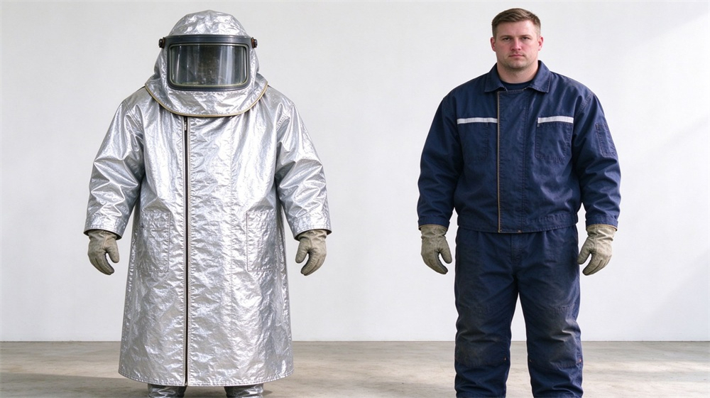 45 degree angle of heavy duty protective proximity fire protection coat, Comparison of silver proximity fire protective coat beside standard dark workwear, showing, demonstrating professional comparison use in industrial safety environment, designed for wholesale bulk supply and industrial safety procurement. 45 degree angle of heavy duty protective proximity fire protection coat, Comparison of silver proximity fire protective coat beside standard dark workwear, showing, demonstrating professional comparison use in industrial safety environment, designed for wholesale bulk supply and industrial safety procurement.
