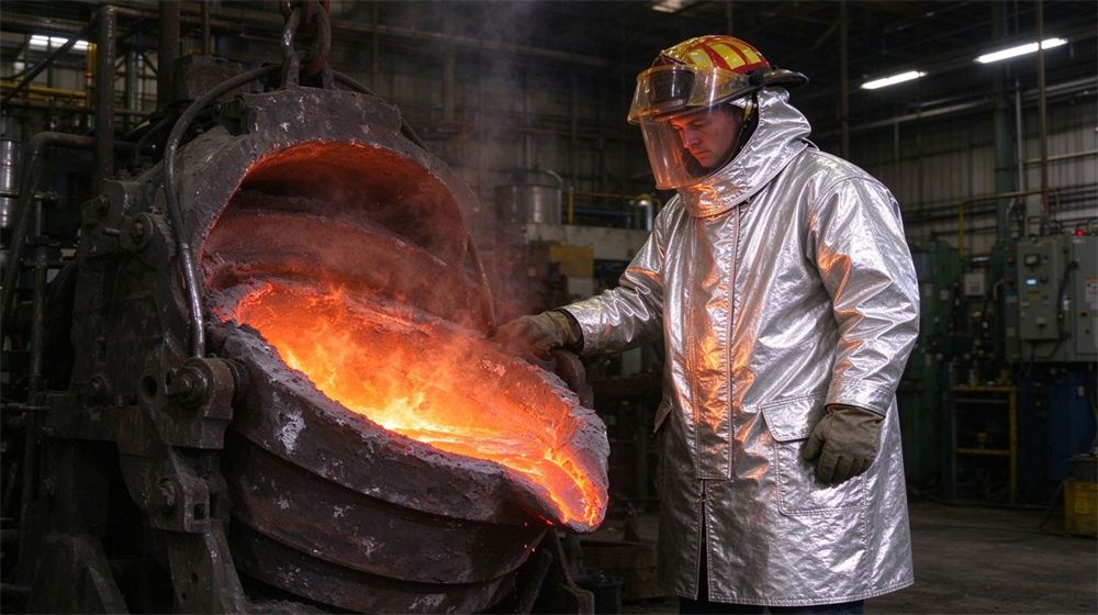 Front view of heavy duty protective proximity fire protection coat, Foundry worker in proximity fire protective coat observing molten metal pouring, aluminum, demonstrating professional application use in industrial safety environment, designed for wholesale bulk supply and industrial safety procurement. Front view of heavy duty protective proximity fire protection coat, Foundry worker in proximity fire protective coat observing molten metal pouring, aluminum, demonstrating professional application use in industrial safety environment, designed for wholesale bulk supply and industrial safety procurement.
