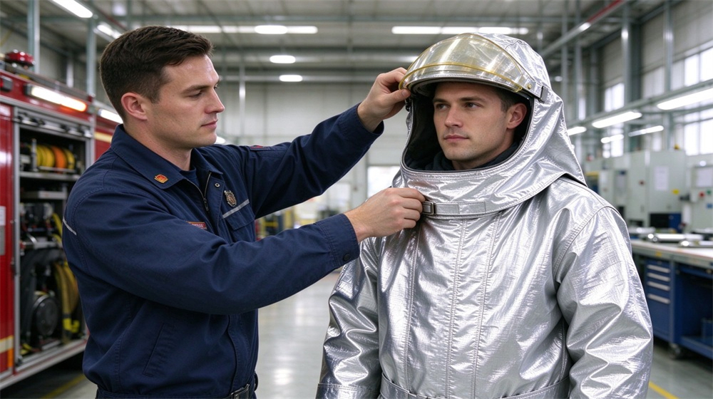 Aerial perspective of heavy duty protective proximity fire protection coat, Firefighter adjusting collar and front closure of proximity fire protective coat, long, demonstrating professional application use in industrial safety environment, designed for wholesale bulk supply and industrial safety procurement. Aerial perspective of heavy duty protective proximity fire protection coat, Firefighter adjusting collar and front closure of proximity fire protective coat, long, demonstrating professional application use in industrial safety environment, designed for wholesale bulk supply and industrial safety procurement.