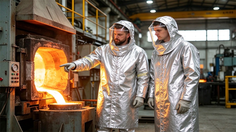 Close up detail of heavy duty protective proximity fire protection coat, Two workers in proximity fire protective coats checking furnace equipment, reflective aluminum, demonstrating professional application use in industrial safety environment, designed for wholesale bulk supply and industrial safety procurement. Close up detail of heavy duty protective proximity fire protection coat, Two workers in proximity fire protective coats checking furnace equipment, reflective aluminum, demonstrating professional application use in industrial safety environment, designed for wholesale bulk supply and industrial safety procurement.