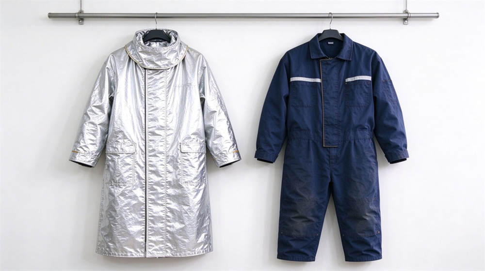 45 degree angle of heavy duty protective proximity fire protection coat, Proximity fire coat hanging beside dark blue workwear on rack, comparing long, demonstrating professional comparison use in industrial safety environment, designed for wholesale bulk supply and industrial safety procurement. 45 degree angle of heavy duty protective proximity fire protection coat, Proximity fire coat hanging beside dark blue workwear on rack, comparing long, demonstrating professional comparison use in industrial safety environment, designed for wholesale bulk supply and industrial safety procurement.
