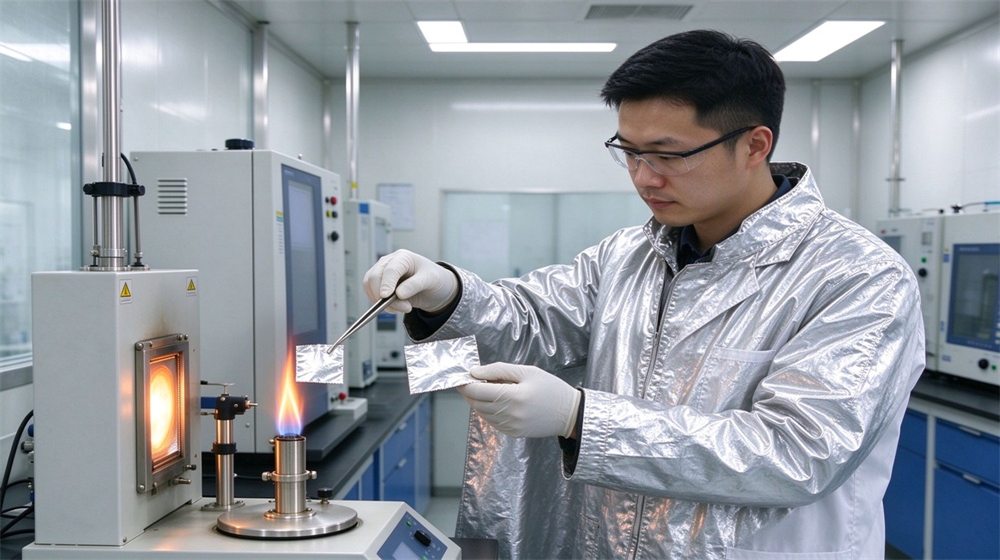 Wide shot of heavy duty protective proximity fire protection coat, Asian technician testing aluminized fabric sample of proximity fire coat in laboratory,, demonstrating professional info use in industrial safety environment, designed for wholesale bulk supply and industrial safety procurement. Wide shot of heavy duty protective proximity fire protection coat, Asian technician testing aluminized fabric sample of proximity fire coat in laboratory,, demonstrating professional info use in industrial safety environment, designed for wholesale bulk supply and industrial safety procurement.