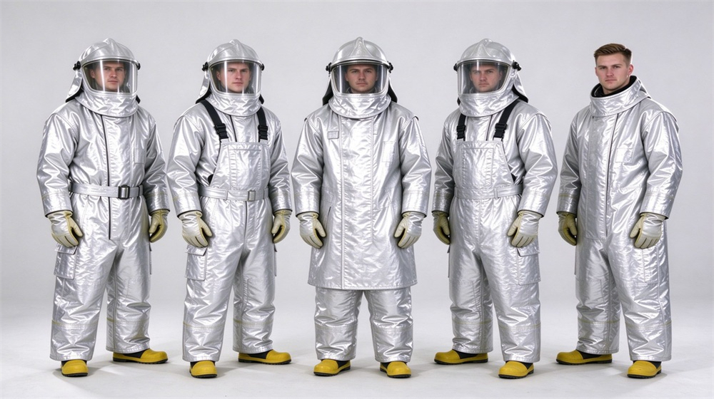 Front view of heavy duty protective proximity fire protection coat, Wholesale lineup of five protective garments with proximity fire coat center, aluminized, demonstrating professional product use in industrial safety environment, designed for wholesale bulk supply and industrial safety procurement. Front view of heavy duty protective proximity fire protection coat, Wholesale lineup of five protective garments with proximity fire coat center, aluminized, demonstrating professional product use in industrial safety environment, designed for wholesale bulk supply and industrial safety procurement.