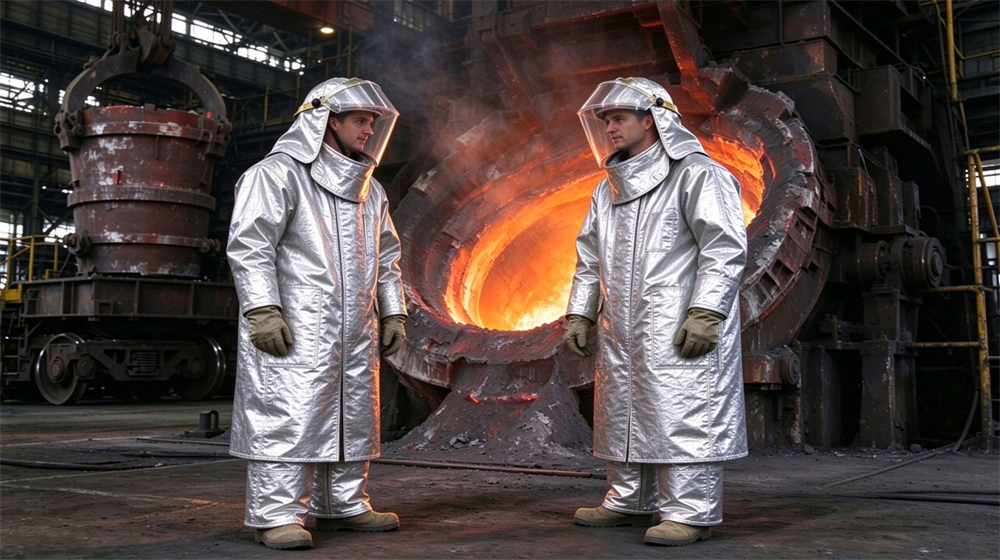 Side angle of heavy duty protective proximity fire protection coat, Two workers in proximity fire protective coats inspecting steel furnace, radiant heat, demonstrating professional application use in industrial safety environment, designed for wholesale bulk supply and industrial safety procurement. Side angle of heavy duty protective proximity fire protection coat, Two workers in proximity fire protective coats inspecting steel furnace, radiant heat, demonstrating professional application use in industrial safety environment, designed for wholesale bulk supply and industrial safety procurement.