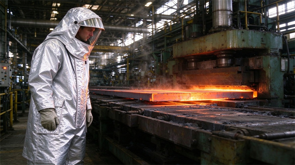 Aerial perspective of heavy duty protective proximity fire protection coat, Worker in proximity fire protective coat observing hot rolling line in steel, demonstrating professional application use in industrial safety environment, designed for wholesale bulk supply and industrial safety procurement. Aerial perspective of heavy duty protective proximity fire protection coat, Worker in proximity fire protective coat observing hot rolling line in steel, demonstrating professional application use in industrial safety environment, designed for wholesale bulk supply and industrial safety procurement.