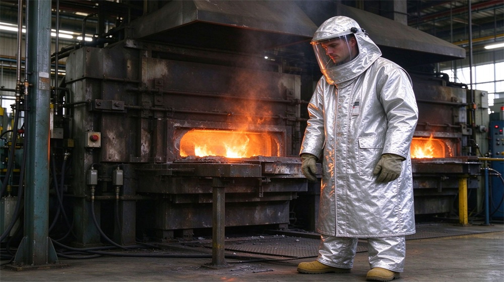 Close up detail of heavy duty protective proximity fire protection coat, Worker in proximity fire protective coat beside aluminum smelting furnace, radiant heat, demonstrating professional application use in industrial safety environment, designed for wholesale bulk supply and industrial safety procurement. Close up detail of heavy duty protective proximity fire protection coat, Worker in proximity fire protective coat beside aluminum smelting furnace, radiant heat, demonstrating professional application use in industrial safety environment, designed for wholesale bulk supply and industrial safety procurement.