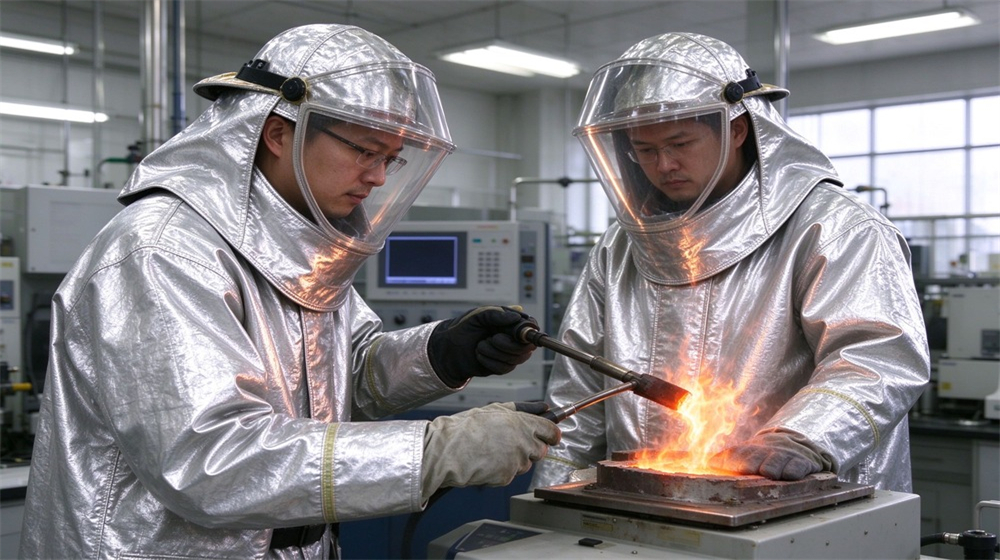 45 degree angle of heavy duty protective proximity fire protection coat, High temperature test of proximity fire coat fabric in laboratory, heat resistant, demonstrating professional info use in industrial safety environment, designed for wholesale bulk supply and industrial safety procurement. 45 degree angle of heavy duty protective proximity fire protection coat, High temperature test of proximity fire coat fabric in laboratory, heat resistant, demonstrating professional info use in industrial safety environment, designed for wholesale bulk supply and industrial safety procurement.