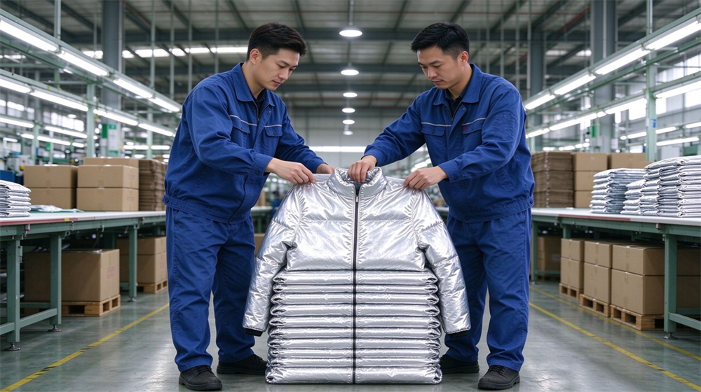 Overhead view of heavy duty protective proximity fire protection coat, Workshop workers sorting folded proximity fire coats for export orders, quality control, demonstrating professional application use in industrial safety environment, designed for wholesale bulk supply and industrial safety procurement. Overhead view of heavy duty protective proximity fire protection coat, Workshop workers sorting folded proximity fire coats for export orders, quality control, demonstrating professional application use in industrial safety environment, designed for wholesale bulk supply and industrial safety procurement.