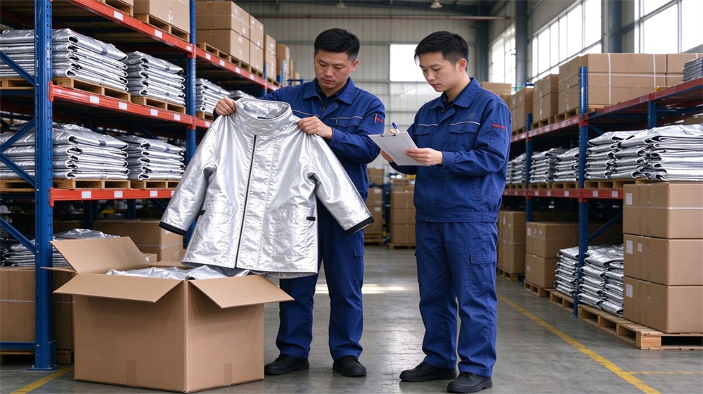 Wide shot of heavy duty protective proximity fire protection coat, Warehouse inventory check of packed proximity fire coats on shelves, export stock, demonstrating professional application use in industrial safety environment, designed for wholesale bulk supply and industrial safety procurement. Wide shot of heavy duty protective proximity fire protection coat, Warehouse inventory check of packed proximity fire coats on shelves, export stock, demonstrating professional application use in industrial safety environment, designed for wholesale bulk supply and industrial safety procurement.