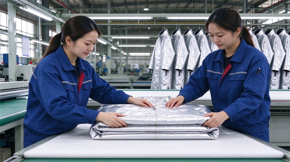 Macro detail of heavy duty protective proximity fire protection coat, Workers folding and packing proximity fire coats in factory finishing area, export, demonstrating professional application use in industrial safety environment, designed for wholesale bulk supply and industrial safety procurement. Macro detail of heavy duty protective proximity fire protection coat, Workers folding and packing proximity fire coats in factory finishing area, export, demonstrating professional application use in industrial safety environment, designed for wholesale bulk supply and industrial safety procurement.