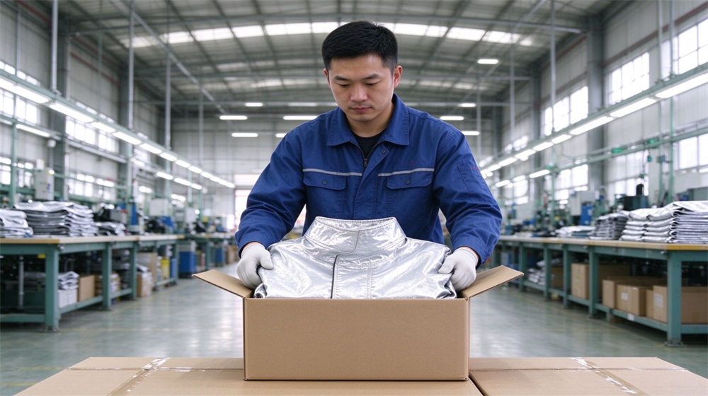 Front view of heavy duty protective proximity fire protection coat, Worker packing proximity fire coat into carton for export shipment, order fulfillment, demonstrating professional application use in industrial safety environment, designed for wholesale bulk supply and industrial safety procurement. Front view of heavy duty protective proximity fire protection coat, Worker packing proximity fire coat into carton for export shipment, order fulfillment, demonstrating professional application use in industrial safety environment, designed for wholesale bulk supply and industrial safety procurement.