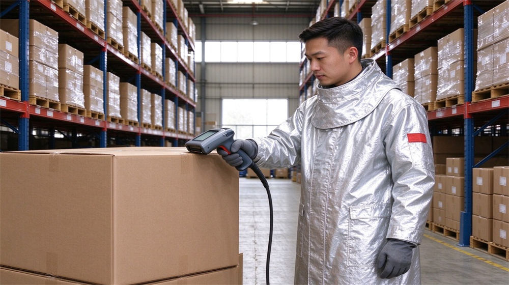 Side angle of heavy duty protective proximity fire protection coat, Warehouse worker scanning barcode of proximity fire coat cartons for shipment tracking,, demonstrating professional application use in industrial safety environment, designed for wholesale bulk supply and industrial safety procurement. Side angle of heavy duty protective proximity fire protection coat, Warehouse worker scanning barcode of proximity fire coat cartons for shipment tracking,, demonstrating professional application use in industrial safety environment, designed for wholesale bulk supply and industrial safety procurement.