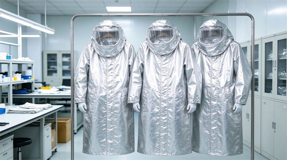 Close up detail of heavy duty protective proximity fire protection coat, Three proximity fire coats airing on rack after factory finishing, long aluminum, demonstrating professional application use in industrial safety environment, designed for wholesale bulk supply and industrial safety procurement. Close up detail of heavy duty protective proximity fire protection coat, Three proximity fire coats airing on rack after factory finishing, long aluminum, demonstrating professional application use in industrial safety environment, designed for wholesale bulk supply and industrial safety procurement.