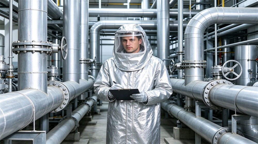 Overhead view of heavy duty protective proximity fire protection coat, Worker in proximity fire protective coat inspecting industrial pipelines, near flame work, demonstrating professional application use in industrial safety environment, designed for wholesale bulk supply and industrial safety procurement. Overhead view of heavy duty protective proximity fire protection coat, Worker in proximity fire protective coat inspecting industrial pipelines, near flame work, demonstrating professional application use in industrial safety environment, designed for wholesale bulk supply and industrial safety procurement.