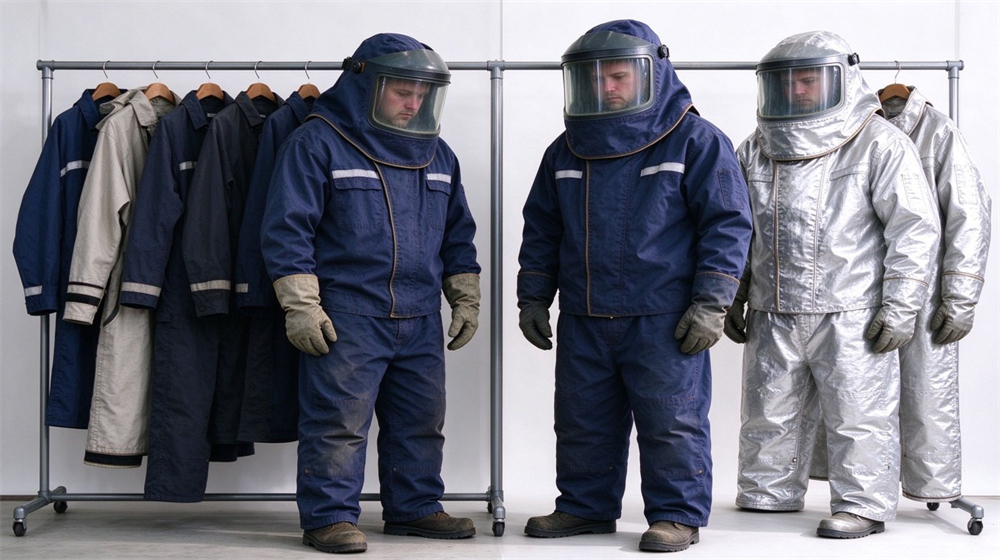 45 degree angle of heavy duty protective steam protective suit, Dark blue steam suit beside standard workwear in factory showroom, steam protective, demonstrating professional comparison use in industrial safety environment, designed for wholesale bulk supply and industrial safety procurement. 45 degree angle of heavy duty protective steam protective suit, Dark blue steam suit beside standard workwear in factory showroom, steam protective, demonstrating professional comparison use in industrial safety environment, designed for wholesale bulk supply and industrial safety procurement.
