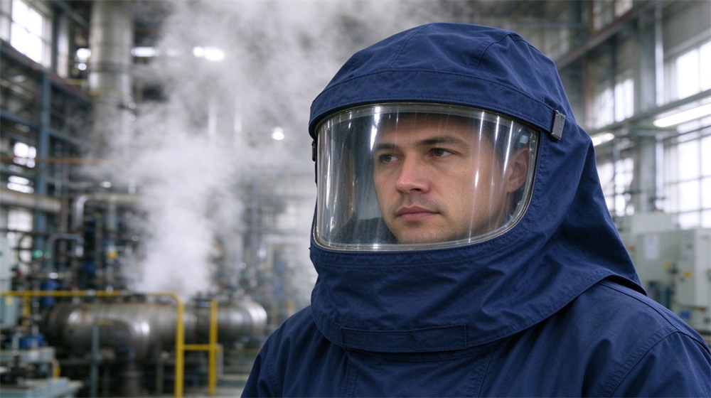 Overhead view of heavy duty protective steam protective suit, Anti fog visor close up on dark blue steam protective suit hood,, demonstrating professional product use in industrial safety environment, designed for wholesale bulk supply and industrial safety procurement. Overhead view of heavy duty protective steam protective suit, Anti fog visor close up on dark blue steam protective suit hood,, demonstrating professional product use in industrial safety environment, designed for wholesale bulk supply and industrial safety procurement.
