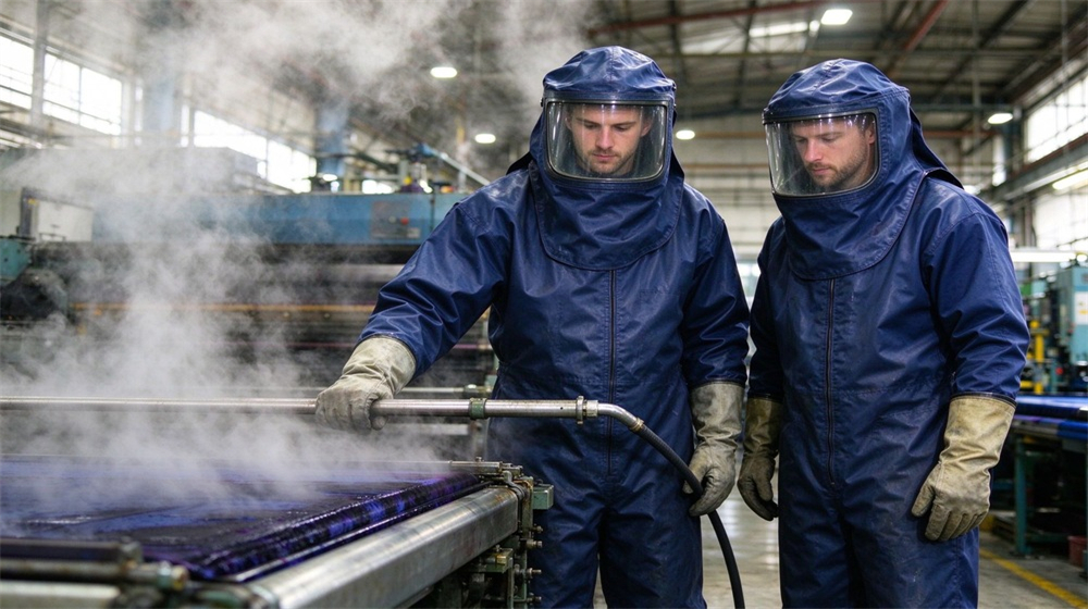 Side angle of heavy duty protective steam protective suit, Printing dyeing steam operation workers in dark blue steam protective suits, boiler, demonstrating professional application use in industrial safety environment, designed for wholesale bulk supply and industrial safety procurement. Side angle of heavy duty protective steam protective suit, Printing dyeing steam operation workers in dark blue steam protective suits, boiler, demonstrating professional application use in industrial safety environment, designed for wholesale bulk supply and industrial safety procurement.