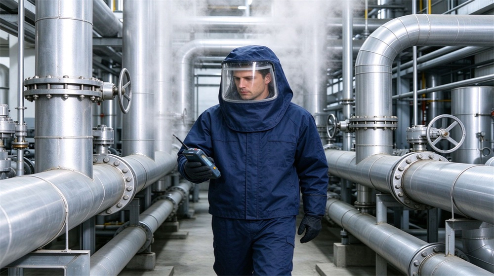 Aerial perspective of heavy duty protective steam protective suit, Steam pipeline inspection worker with detector in dark blue steam suit, high, demonstrating professional application use in industrial safety environment, designed for wholesale bulk supply and industrial safety procurement. Aerial perspective of heavy duty protective steam protective suit, Steam pipeline inspection worker with detector in dark blue steam suit, high, demonstrating professional application use in industrial safety environment, designed for wholesale bulk supply and industrial safety procurement.