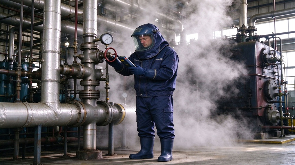 Close up detail of heavy duty protective steam protective suit, High temperature steam environment operation in dark blue steam protective suit, steam, demonstrating professional application use in industrial safety environment, designed for wholesale bulk supply and industrial safety procurement. Close up detail of heavy duty protective steam protective suit, High temperature steam environment operation in dark blue steam protective suit, steam, demonstrating professional application use in industrial safety environment, designed for wholesale bulk supply and industrial safety procurement.