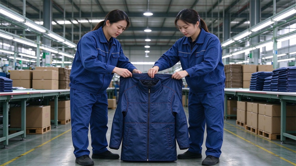 Overhead view of heavy duty protective steam protective suit, Workshop sorting quality check of dark blue steam protective suits by asian, demonstrating professional application use in industrial safety environment, designed for wholesale bulk supply and industrial safety procurement. Overhead view of heavy duty protective steam protective suit, Workshop sorting quality check of dark blue steam protective suits by asian, demonstrating professional application use in industrial safety environment, designed for wholesale bulk supply and industrial safety procurement.