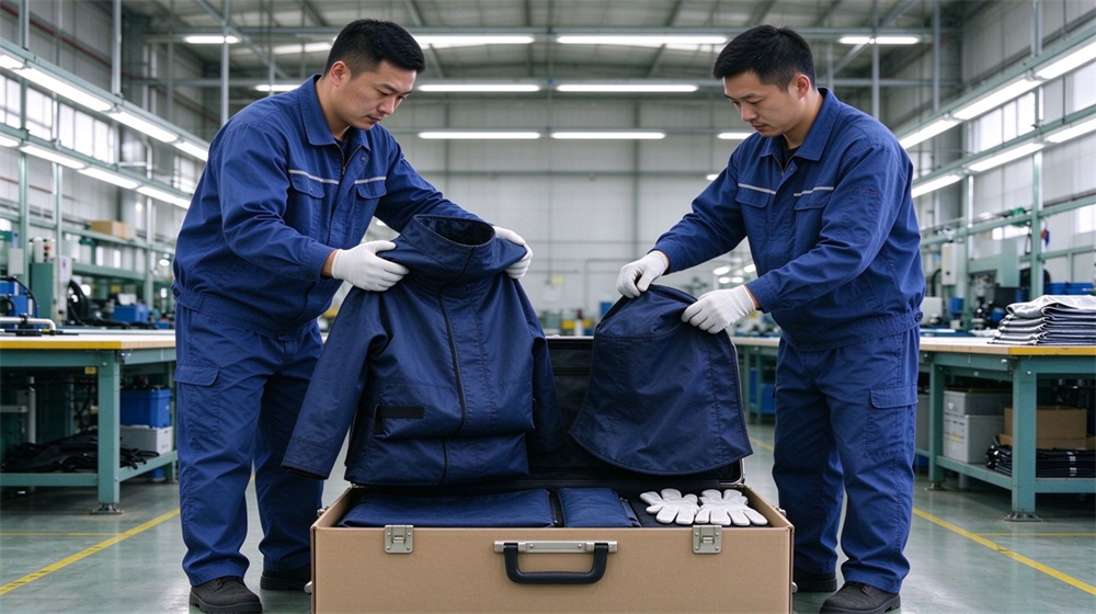 Side angle of heavy duty protective steam protective suit, Warehouse barcode scanning of steam suit cartons by asian worker, steam protective, demonstrating professional application use in industrial safety environment, designed for wholesale bulk supply and industrial safety procurement. Side angle of heavy duty protective steam protective suit, Warehouse barcode scanning of steam suit cartons by asian worker, steam protective, demonstrating professional application use in industrial safety environment, designed for wholesale bulk supply and industrial safety procurement.