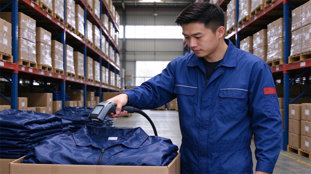 Side angle of heavy duty protective steam protective suit, Warehouse barcode scanning of steam suit cartons by asian worker, steam protective, demonstrating professional application use in industrial safety environment, designed for wholesale bulk supply and industrial safety procurement. Side angle of heavy duty protective steam protective suit, Warehouse barcode scanning of steam suit cartons by asian worker, steam protective, demonstrating professional application use in industrial safety environment, designed for wholesale bulk supply and industrial safety procurement.