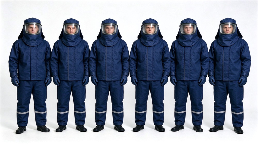 Close up detail of heavy duty protective steam protective suit, Airing maintenance of dark blue steam protective suit on hangers by worker,, demonstrating professional application use in industrial safety environment, designed for wholesale bulk supply and industrial safety procurement. Close up detail of heavy duty protective steam protective suit, Airing maintenance of dark blue steam protective suit on hangers by worker,, demonstrating professional application use in industrial safety environment, designed for wholesale bulk supply and industrial safety procurement.