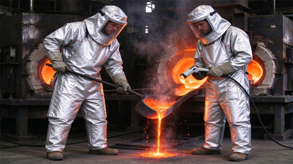 Side angle of heavy duty protective molten metal furnace front suit, Two foundry workers in molten metal furnace front suits pouring molten metal,, demonstrating professional application use in industrial safety environment, designed for wholesale bulk supply and industrial safety procurement. Side angle of heavy duty protective molten metal furnace front suit, Two foundry workers in molten metal furnace front suits pouring molten metal,, demonstrating professional application use in industrial safety environment, designed for wholesale bulk supply and industrial safety procurement.