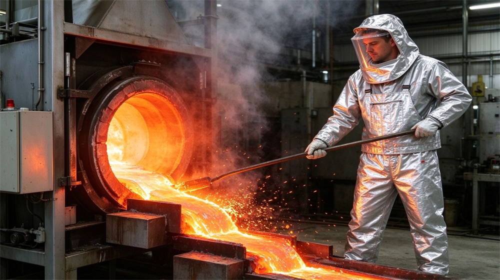 Macro detail of heavy duty protective molten metal furnace front suit, Molten metal splash furnace tapping worker in silver furnace suit, heat resistant, demonstrating professional application use in industrial safety environment, designed for wholesale bulk supply and industrial safety procurement. Macro detail of heavy duty protective molten metal furnace front suit, Molten metal splash furnace tapping worker in silver furnace suit, heat resistant, demonstrating professional application use in industrial safety environment, designed for wholesale bulk supply and industrial safety procurement.