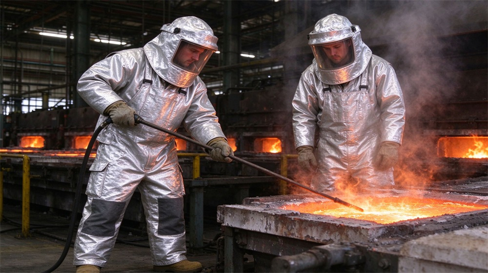 Front view of heavy duty protective molten metal furnace front suit, Cross section of four layer molten metal protection fabric with fire resistant, demonstrating professional info use in industrial safety environment, designed for wholesale bulk supply and industrial safety procurement. Front view of heavy duty protective molten metal furnace front suit, Cross section of four layer molten metal protection fabric with fire resistant, demonstrating professional info use in industrial safety environment, designed for wholesale bulk supply and industrial safety procurement.