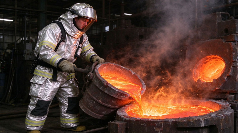 Close up detail of heavy duty protective molten metal furnace front suit, Worker in silver furnace suit during molten metal environment operation, molten metal, demonstrating professional application use in industrial safety environment, designed for wholesale bulk supply and industrial safety Close up detail of heavy duty protective molten metal furnace front suit, Worker in silver furnace suit during molten metal environment operation, molten metal, demonstrating professional application use in industrial safety environment, designed for wholesale bulk supply and industrial safety