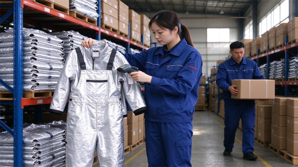 Wide shot of heavy duty protective molten metal furnace front suit, Warehouse inventory of silver furnace suit finished stock in stock control, export, demonstrating professional application use in industrial safety environment, designed for wholesale bulk supply and industrial safety procurement. Wide shot of heavy duty protective molten metal furnace front suit, Warehouse inventory of silver furnace suit finished stock in stock control, export, demonstrating professional application use in industrial safety environment, designed for wholesale bulk supply and industrial safety procurement.