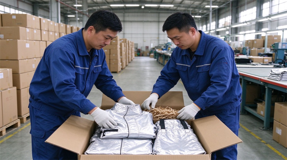 Front view of heavy duty protective molten metal furnace front suit, Boxing silver furnace suits into export cartons handled by packing crews, wholesale, demonstrating professional application use in industrial safety environment, designed for wholesale bulk supply and industrial safety procurement. Front view of heavy duty protective molten metal furnace front suit, Boxing silver furnace suits into export cartons handled by packing crews, wholesale, demonstrating professional application use in industrial safety environment, designed for wholesale bulk supply and industrial safety procurement.