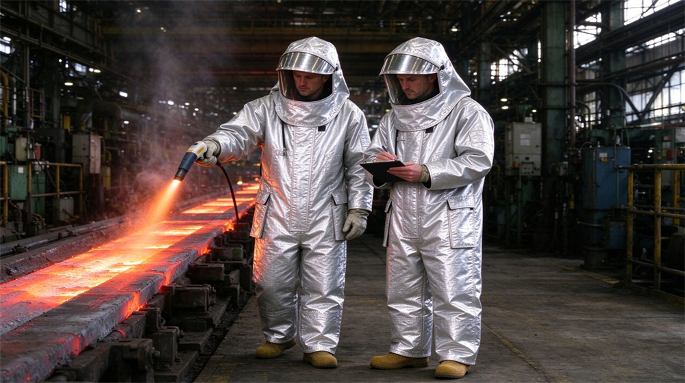 Overhead view of heavy duty protective molten metal furnace front suit, Steel hot rolling workers in silver furnace suits near red hot steel,, demonstrating professional application use in industrial safety environment, designed for wholesale bulk supply and industrial safety procurement. Overhead view of heavy duty protective molten metal furnace front suit, Steel hot rolling workers in silver furnace suits near red hot steel,, demonstrating professional application use in industrial safety environment, designed for wholesale bulk supply and industrial safety procurement.
